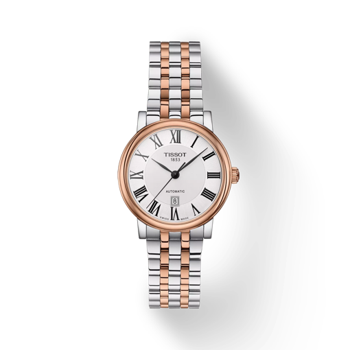 Front view of the watch Tissot Carson Premium Automatic lady with shadow