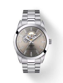 Front view of the watch Tissot Gentleman Powermatic 80 Open Heart with shadow