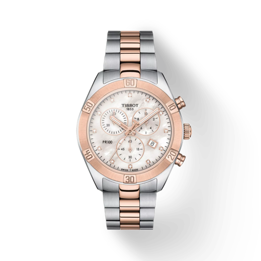 Front view of the watch Tissot PR 100 Sport Chic Chronograph with shadow