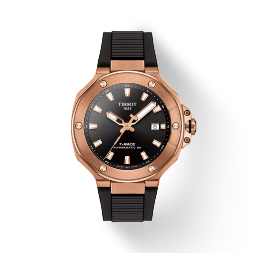 Front view of the watch Tissot T-Race Powermatic 80 41mm with shadow