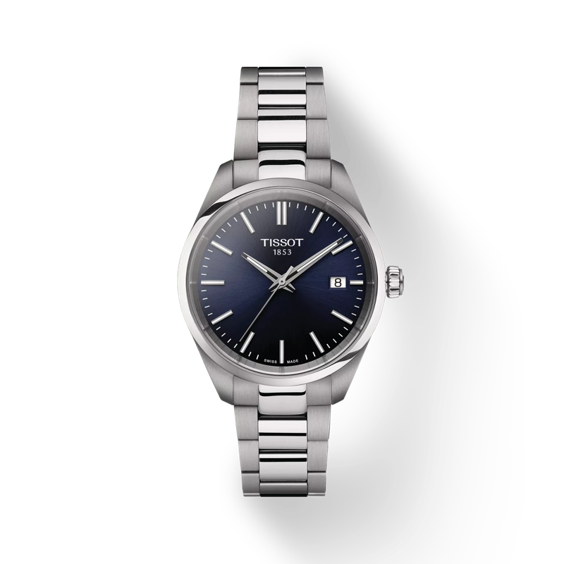 Vue de face de la montre Tissot PR 100 34mm avec ombre