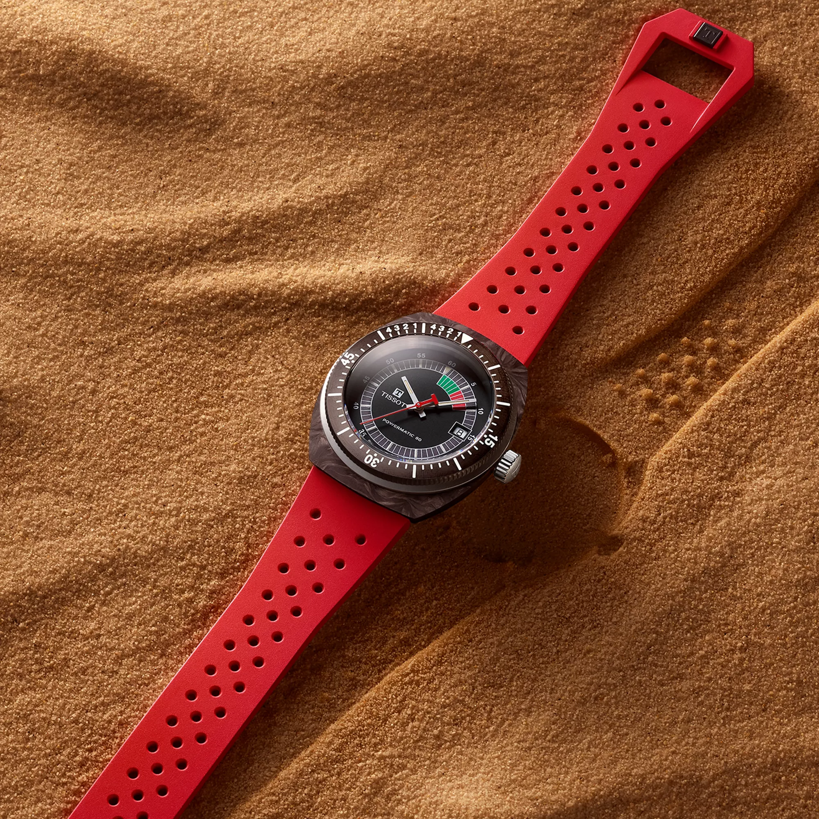 Tissot Sideral S Powermatic 80 watch on a coloured background