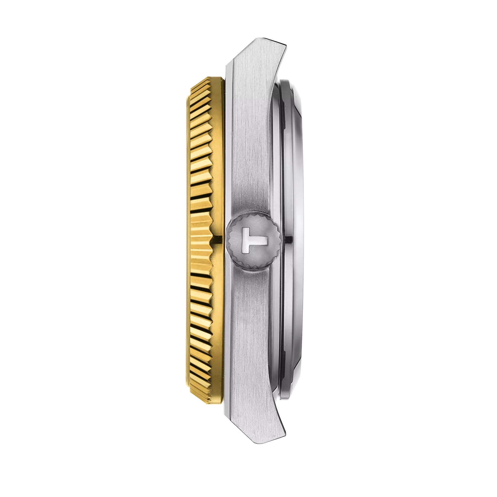 Profile view of the watch case Tissot PRX Powermatic 80 Steel & 18K Gold Bezel 35mm