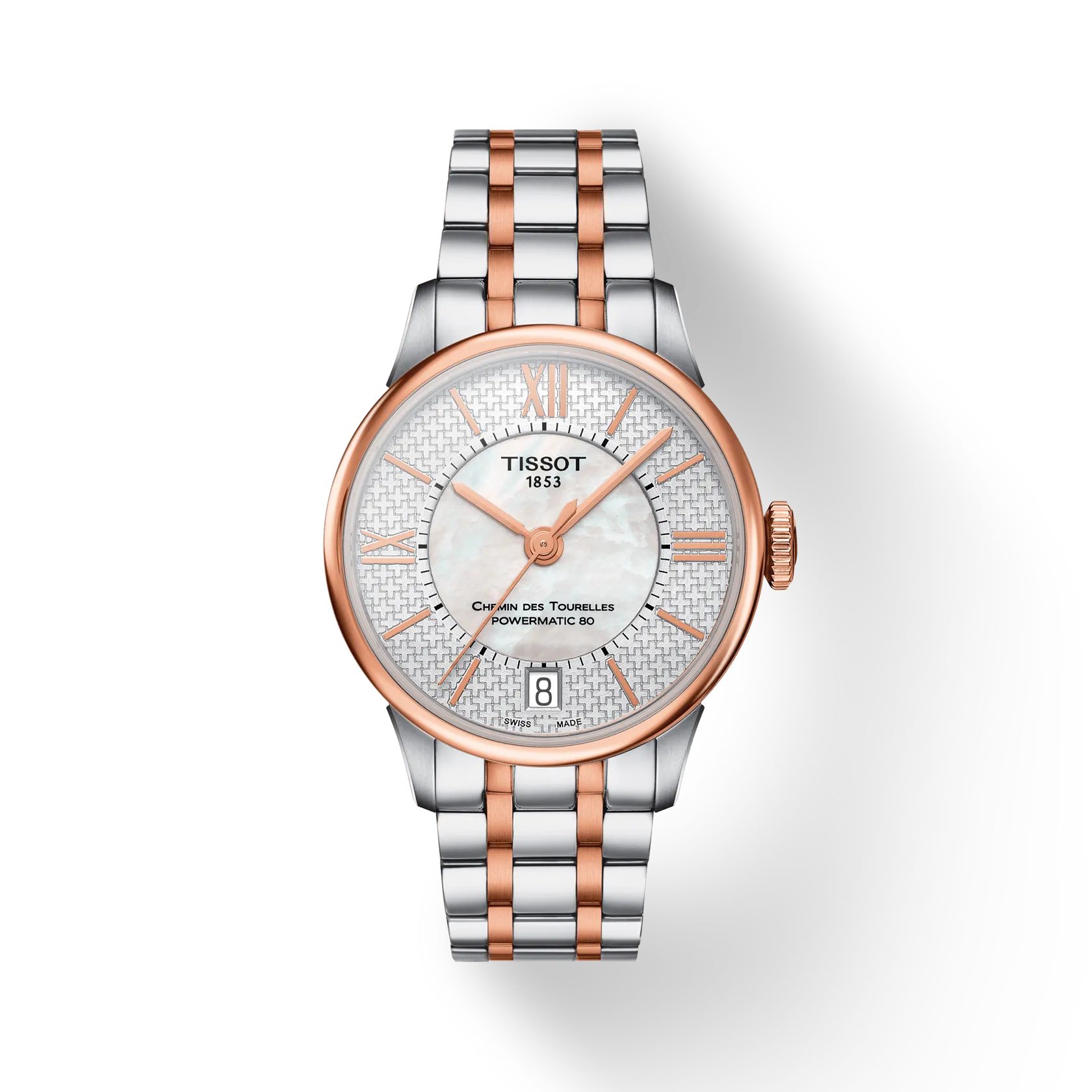 Vue de face de la montre Tissot Chemin des Tourelles Powermatic 80 Helvetic Pride Lady avec ombre