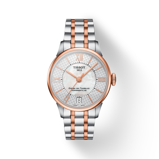 Front view of the watch Tissot Chemin des Tourelles Powermatic 80 Helvetic Pride Lady with shadow