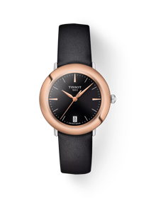 Front view of the watch Tissot Glendora 18K Gold with shadow
