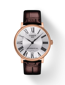 Front view of the watch Tissot Carson Premium Powermatic 80 with shadow