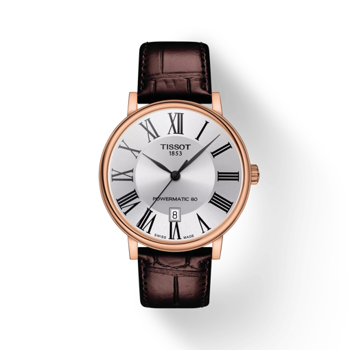 Front view of the watch Tissot Carson Premium Powermatic 80 with shadow