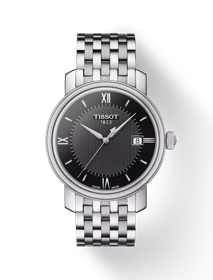 Front view of the watch Tissot Bridgeport with shadow