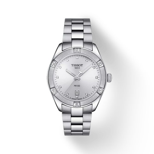 Front view of the watch Tissot PR 100 Sport Chic with shadow