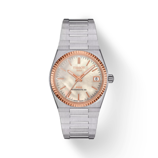 Front view of the watch Tissot PRX Powermatic 80 Steel & 18K Gold Bezel 35mm with shadow