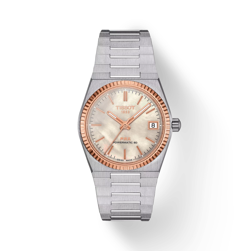 Front view of the watch Tissot PRX Powermatic 80 Steel & 18K Gold Bezel 35mm with shadow