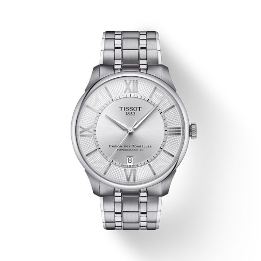 Front view of the watch Tissot Chemin Des Tourelles Powermatic 80 42 mm with shadow