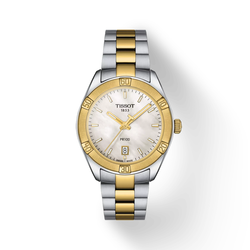 Front view of the watch Tissot PR 100 Sport Chic with shadow