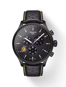 Front view of the watch Tissot Chrono XL NBA Teams Special Los Angeles Lakers Edition with shadow