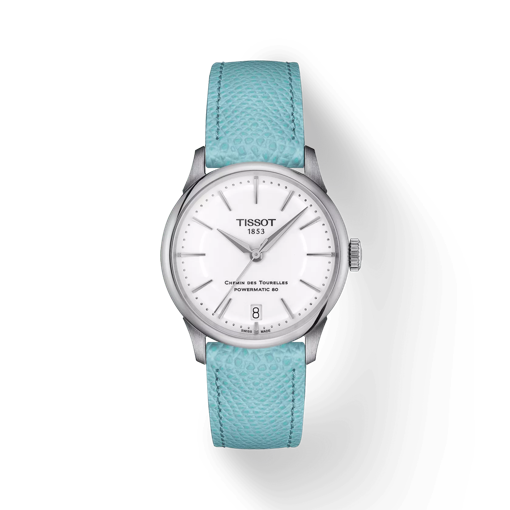 Front view of the watch Tissot Chemin des Tourelles Powermatic 80 34 mm with shadow