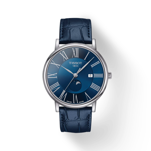 Front view of the watch Tissot Carson Premium 卡森系列月相男錶 with shadow