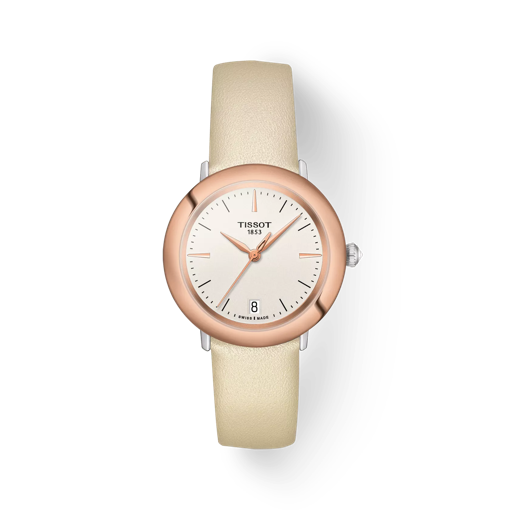 Vue de face de la montre Tissot Glendora 18K Gold avec ombre
