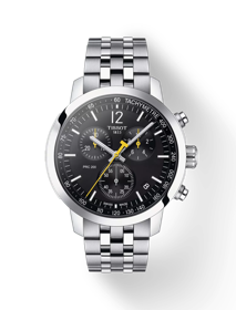 Front view of the watch Tissot PRC 200 Chronograph with shadow