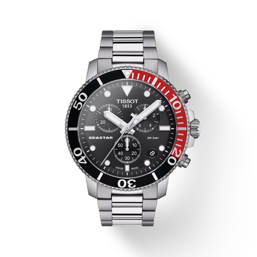 Front view of the watch Tissot Seastar 1000 Chronograph with shadow