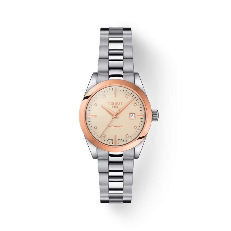 Front view of the watch Tissot T-My Lady Automatic 18K Gold bezel with shadow