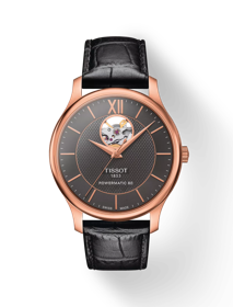 Front view of the watch Tissot Tradition Powermatic 80 Open Heart with shadow