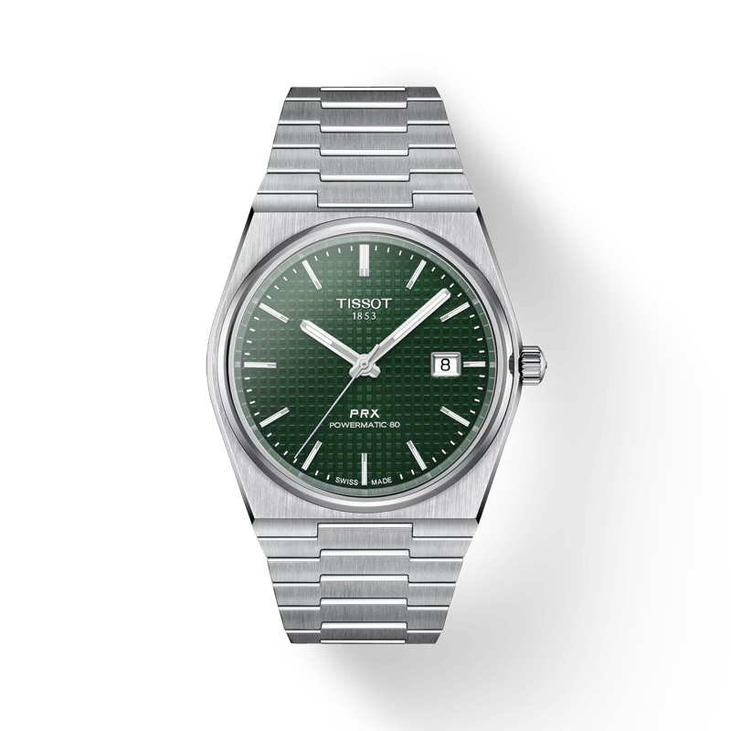 Front view of the watch Tissot PRX 系列自動款 with shadow