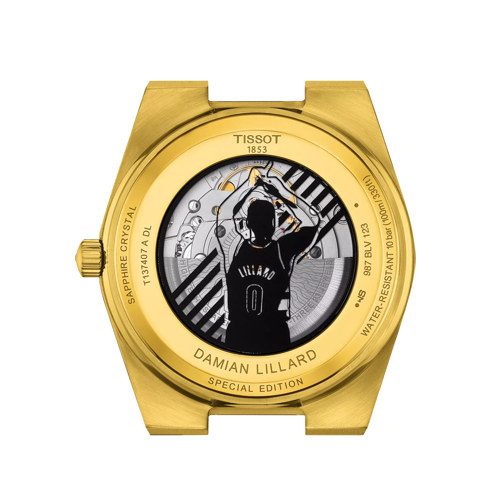 Back view of the watch case Tissot PRX 自動款達米安·利拉德特別版腕錶