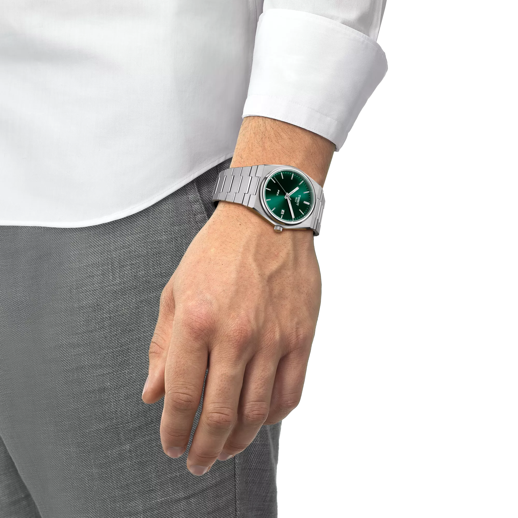 Simulation of the watch Tissot PRX 系列 on a wrist
