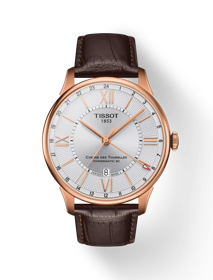 Front view of the watch Tissot Chemin des Tourelles Powermatic 80 GMT with shadow