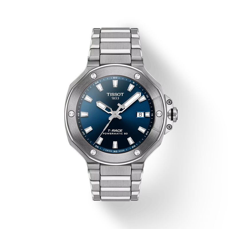 Front view of the watch Tissot T-Race Powermatic 80 41mm with shadow
