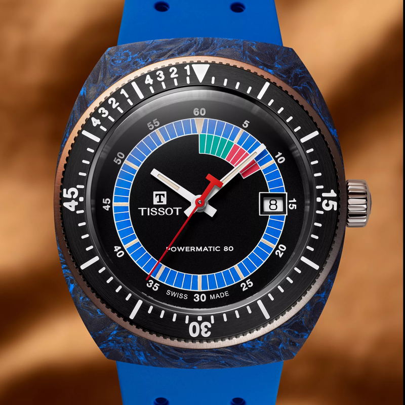 Tissot Sideral S Powermatic 80 watch on a colored background