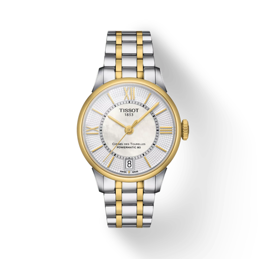 Vue de face de la montre Tissot Chemin des Tourelles Powermatic 80 Lady avec ombre