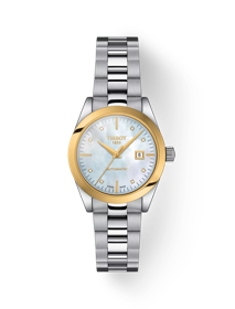 Front view of the watch Tissot T-My Lady Automatic 18K Gold bezel with shadow