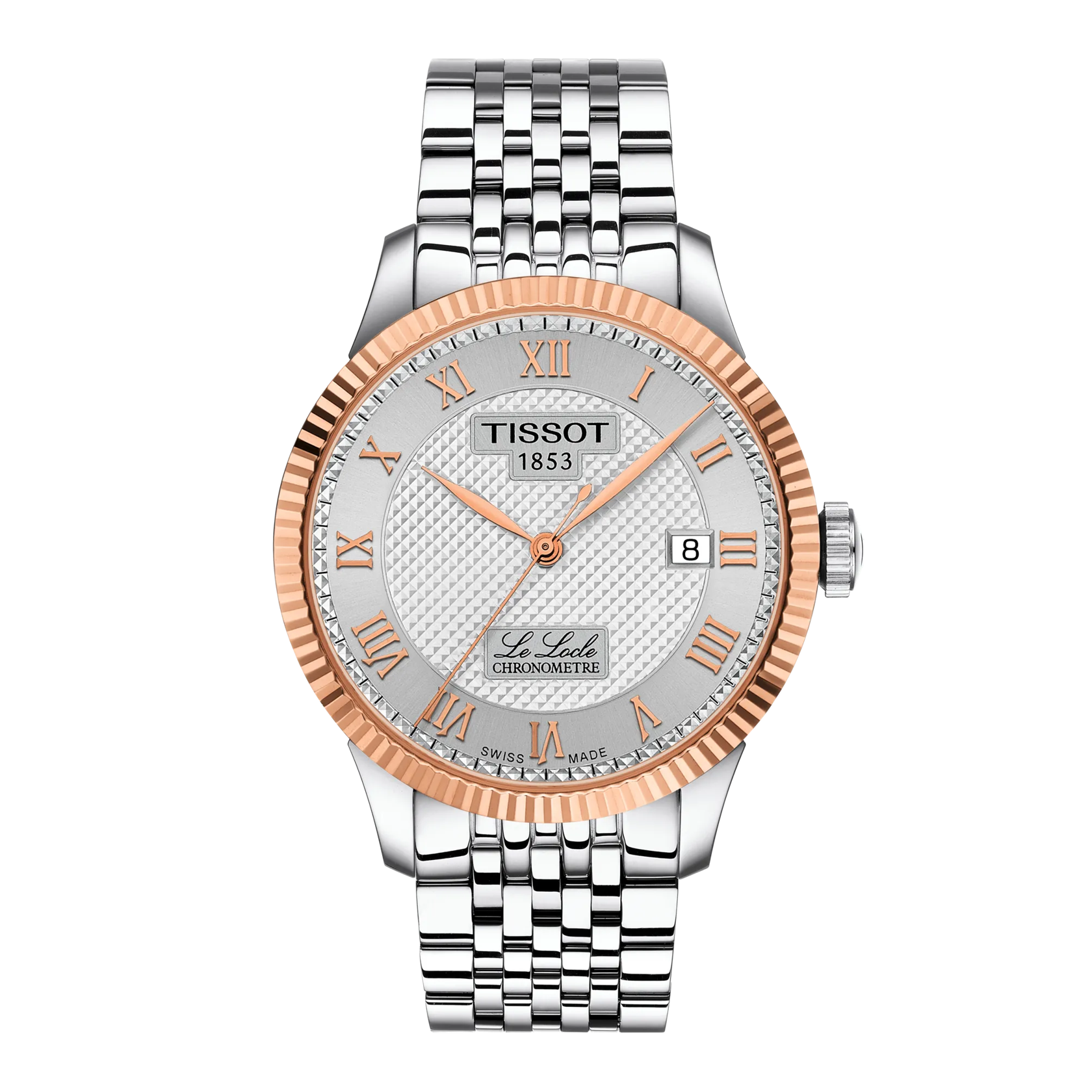 Front view of the watch Tissot Le Locle COSC 39mm 18k Gold Bezel