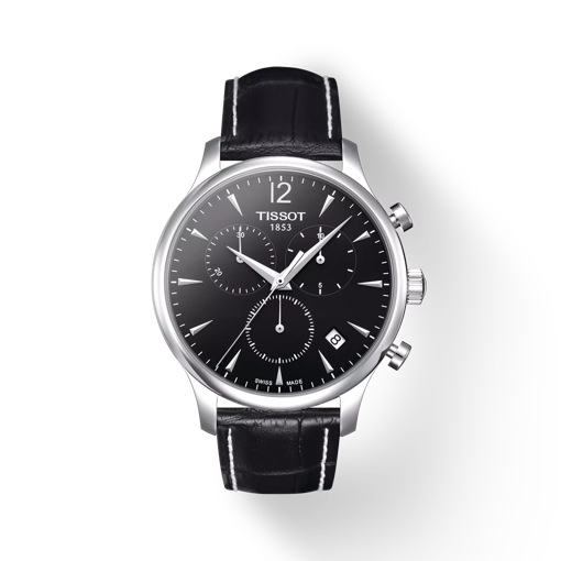 Front view of the watch Tissot Tradition Chronograph with shadow