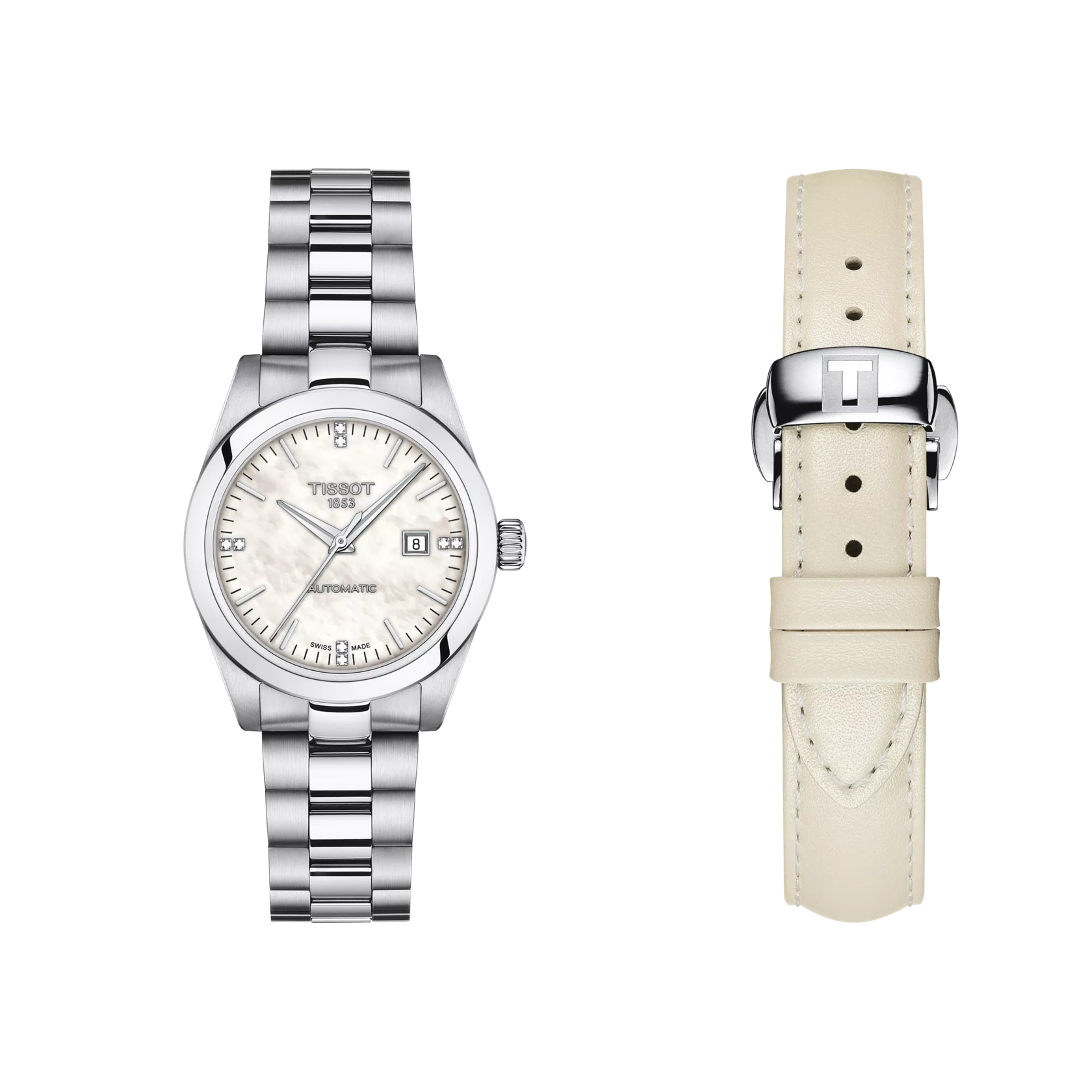 Front view of the watch Tissot T-My Lady Automatic with additional bracelet