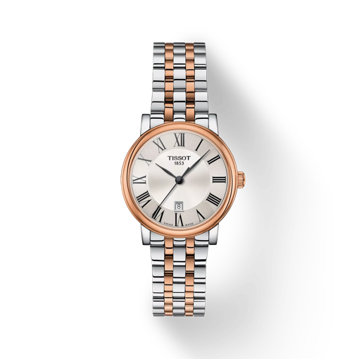 Vorderansicht der Uhr Tissot Carson Premium Lady mit Schatten