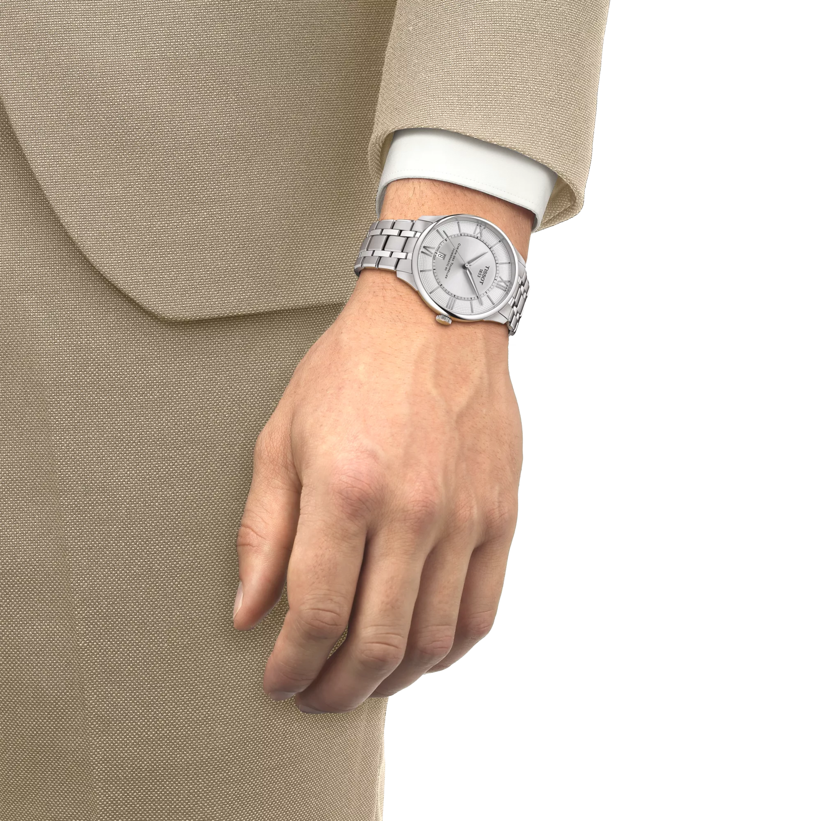 Simulation of the watch Tissot Chemin Des Tourelles Powermatic 80 42 mm on a wrist