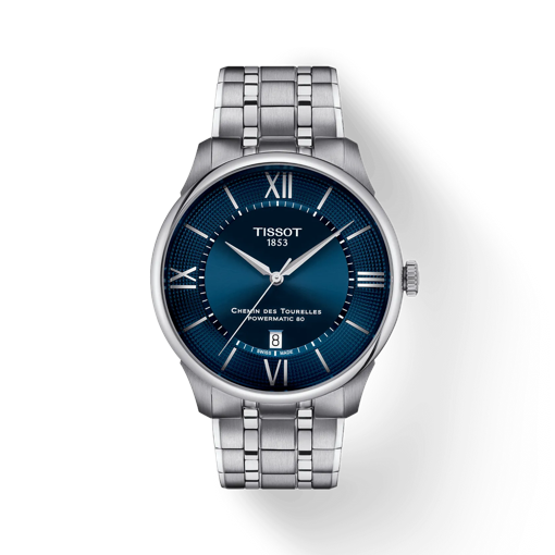 Front view of the watch Tissot Chemin Des Tourelles Powermatic 80 42mm with shadow