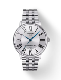 Front view of the watch Tissot Carson Premium Powermatic 80 with shadow