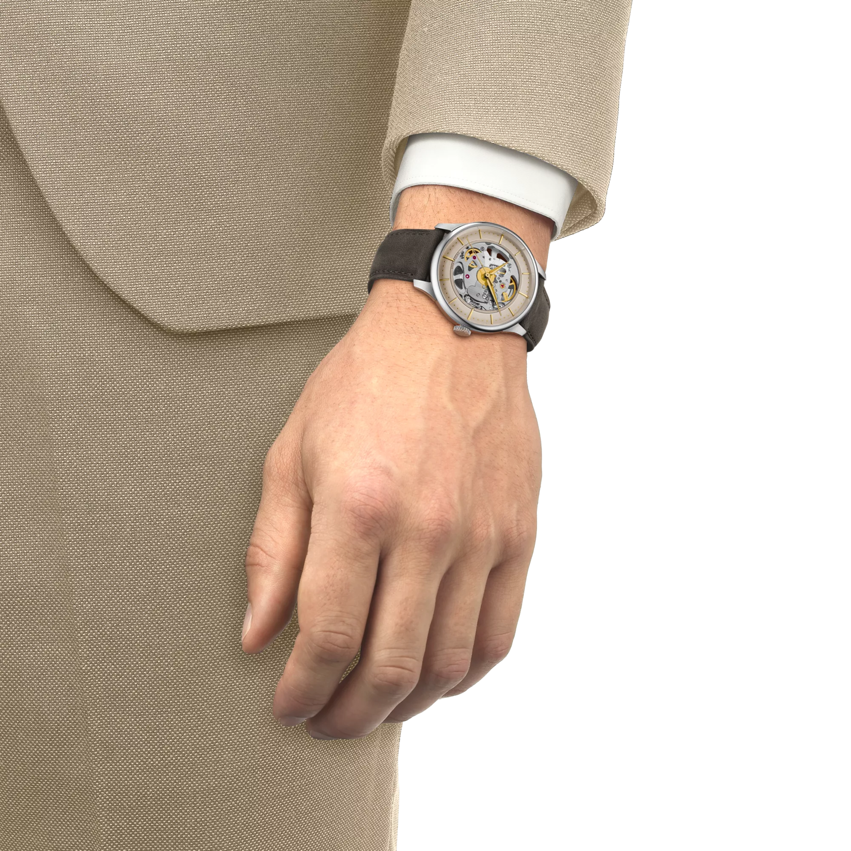Simulation of the watch Tissot Chemin Des Tourelles Skeleton on a wrist