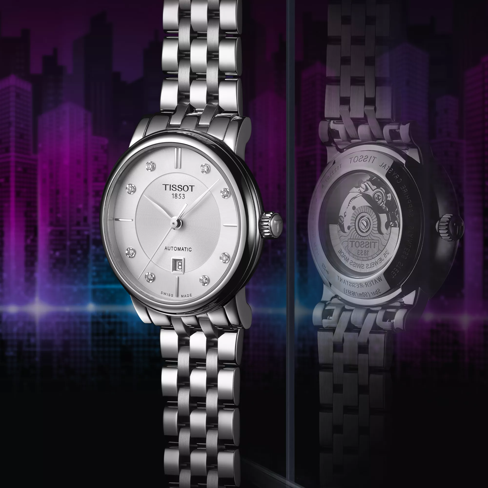 Tissot Carson Premium Automatic Lady watch on a colored background
