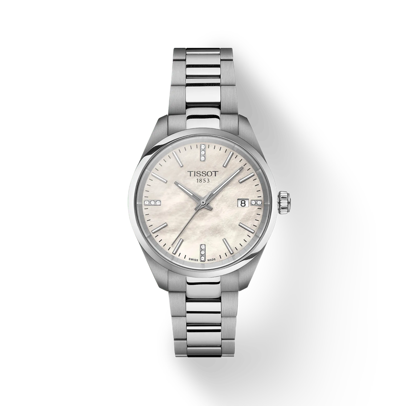 Vue de face de la montre Tissot PR 100 Quartz 34mm avec ombre