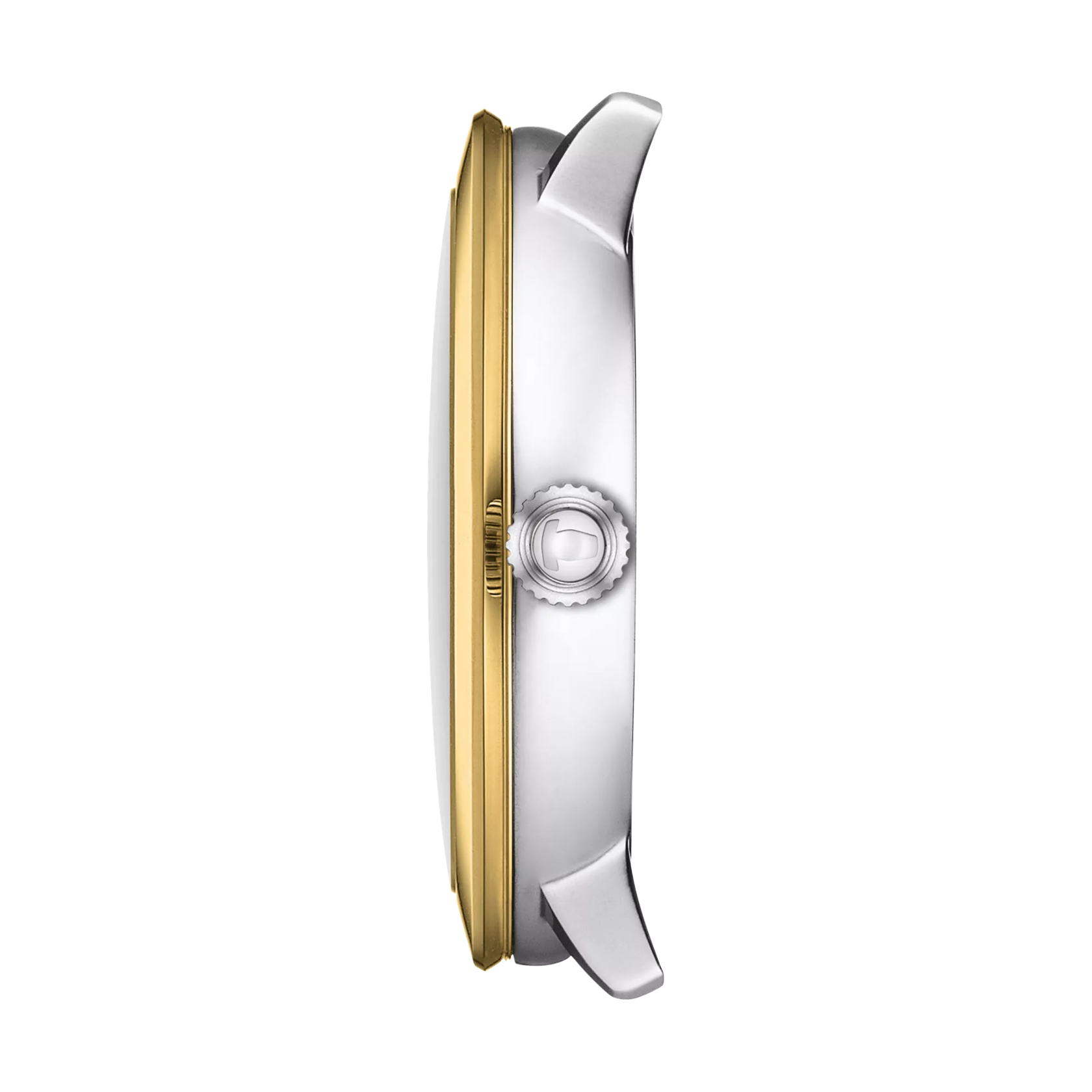 Vue de profil du boîtier de la montre Tissot Glendora 18K Gold bezel