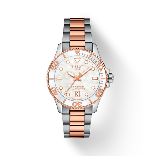 Front view of the watch Tissot Seastar 1000 Quartz 36mm with shadow