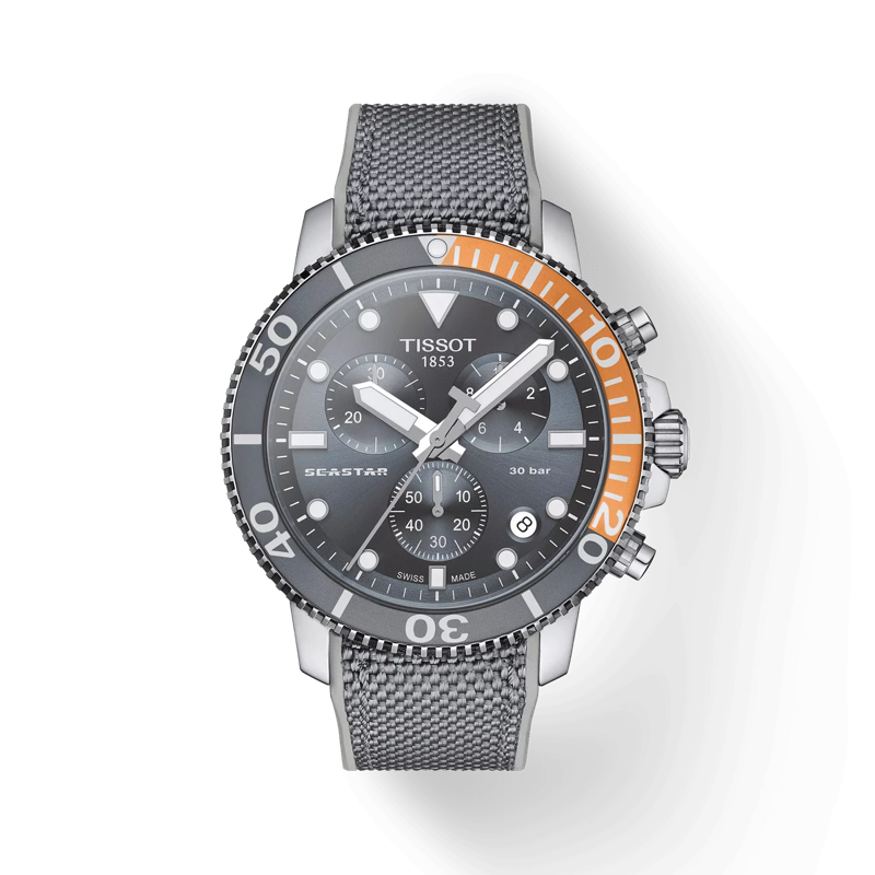 Front view of the watch Tissot Seastar 1000 Chronograph with shadow