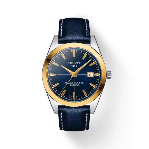 Front view of the watch Tissot Gentleman Powermatic 80 Silicium Solid 18K Gold Bezel with shadow