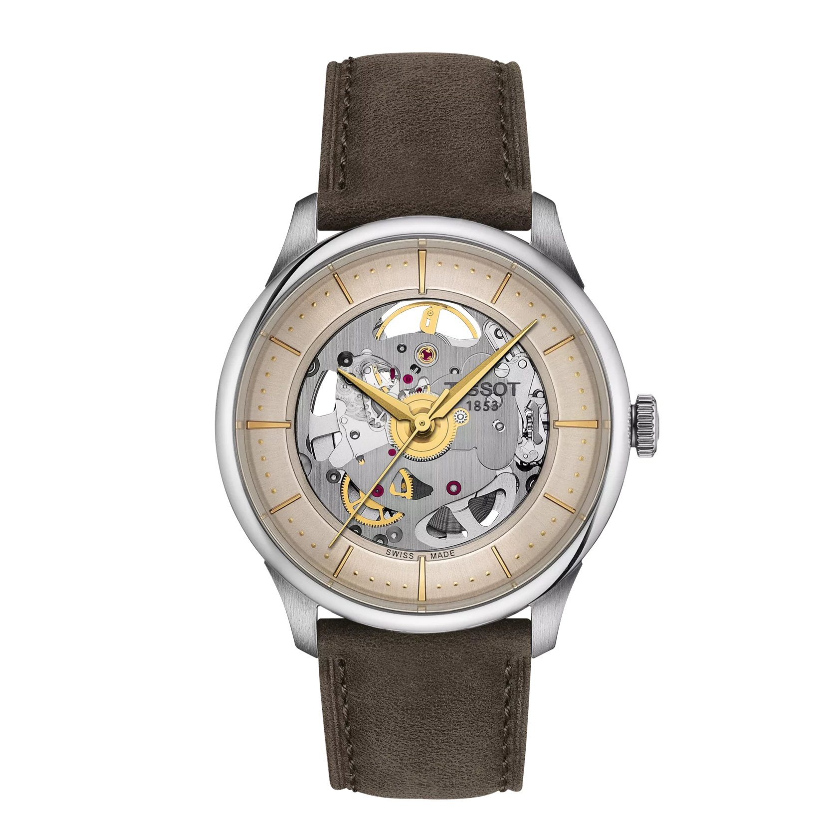 Front view of the watch Tissot Chemin Des Tourelles Skeleton