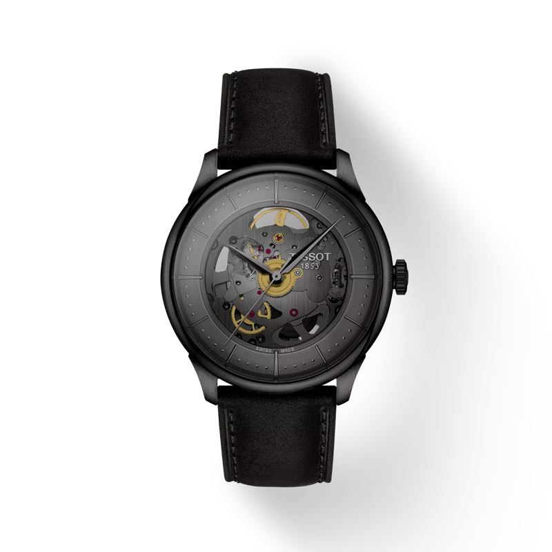 Front view of the watch Tissot Chemin Des Tourelles Skeleton with shadow
